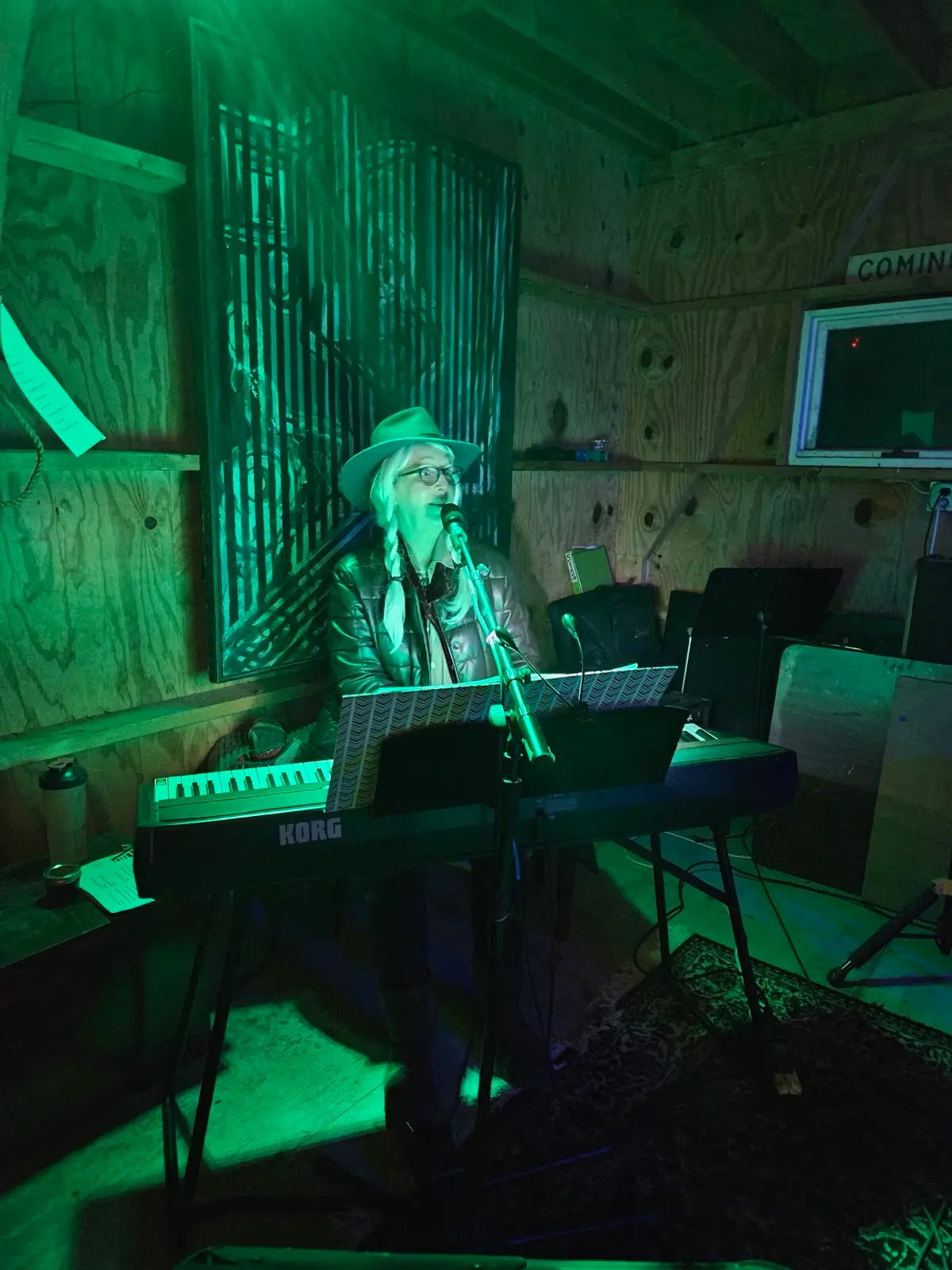 Maureen singing at her keyboard, lit green, in a hat and silver jacket